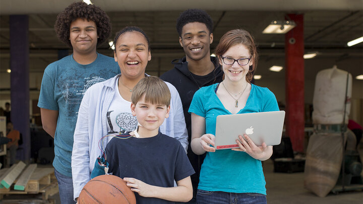 (Back row, from left) Ebben Blake of Crete, Brandon McMiller of Omaha; (middle row, from left) Ilysah Blake of Crete, Grace Hessenthaler of Omaha; and (front row) Matthew Farritor of Lincoln participate in the Incredible Wearables engineering design challenge. Nebraska youth will join thousands of others around the world in the 10th annual 4-H National Youth Science Day challenge on Oct. 4.