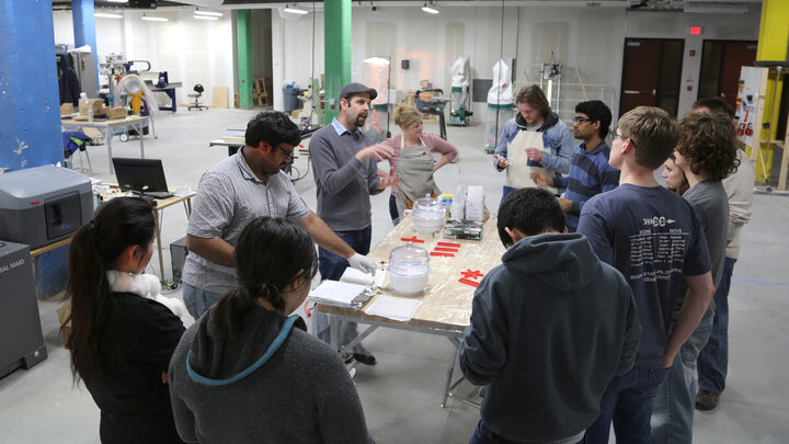 Students listen during a soft robots demonstration led by Stephen Morin, assistant professor chemistry.